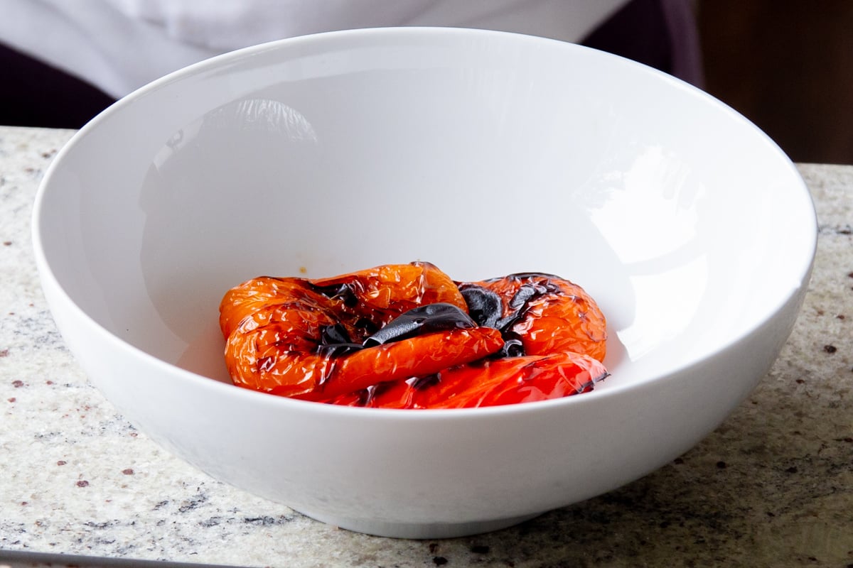 roasted red peppers in a bowl