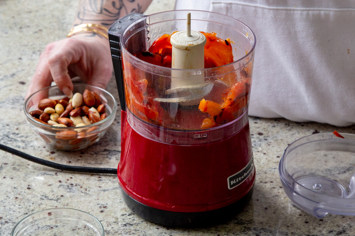 roasted red peppers in a food processor
