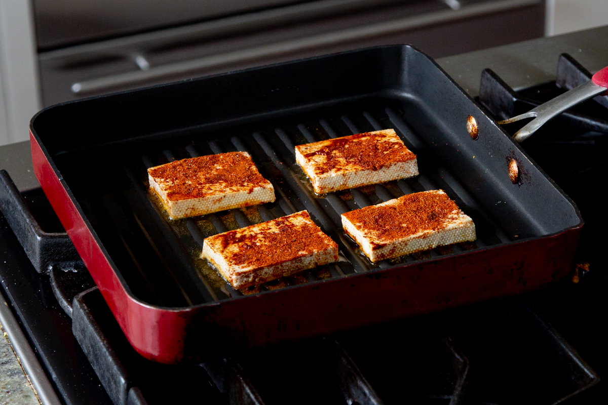 cajun tofu in a grill pan