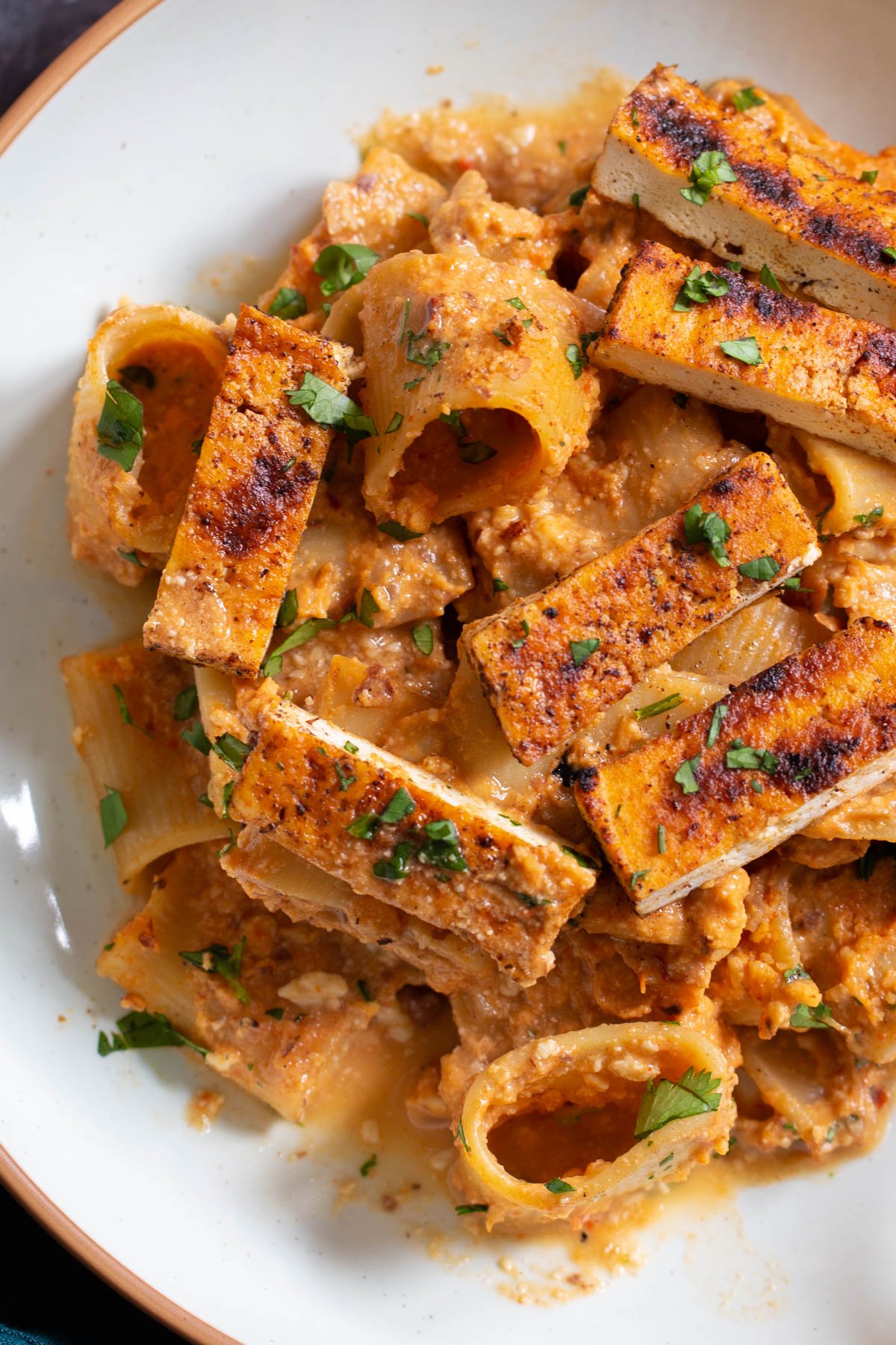 close-up of romesco sauce pasta in a bowl with cajun tofu on top