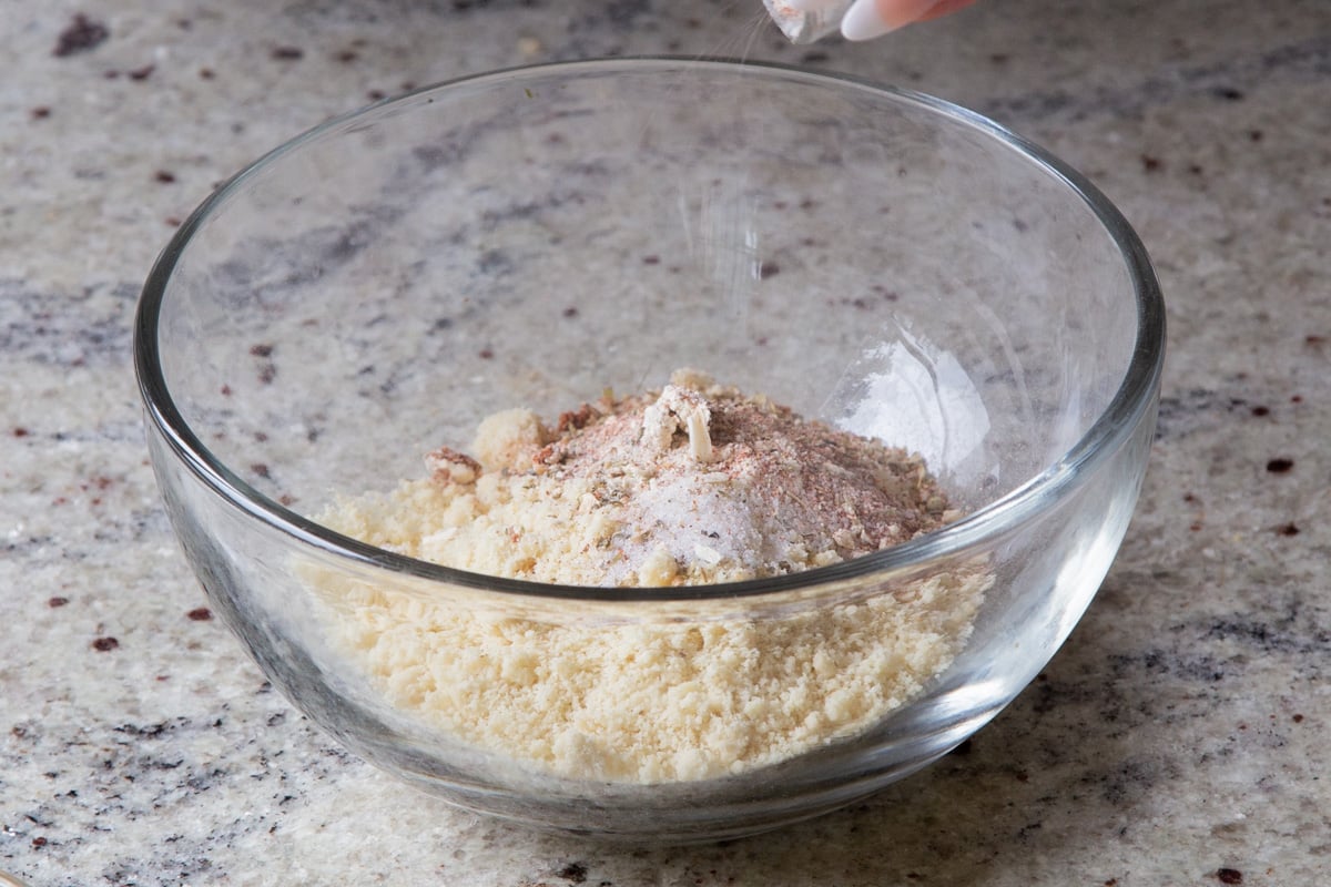 dry crouton ingredients in the mixing bowl before mixing