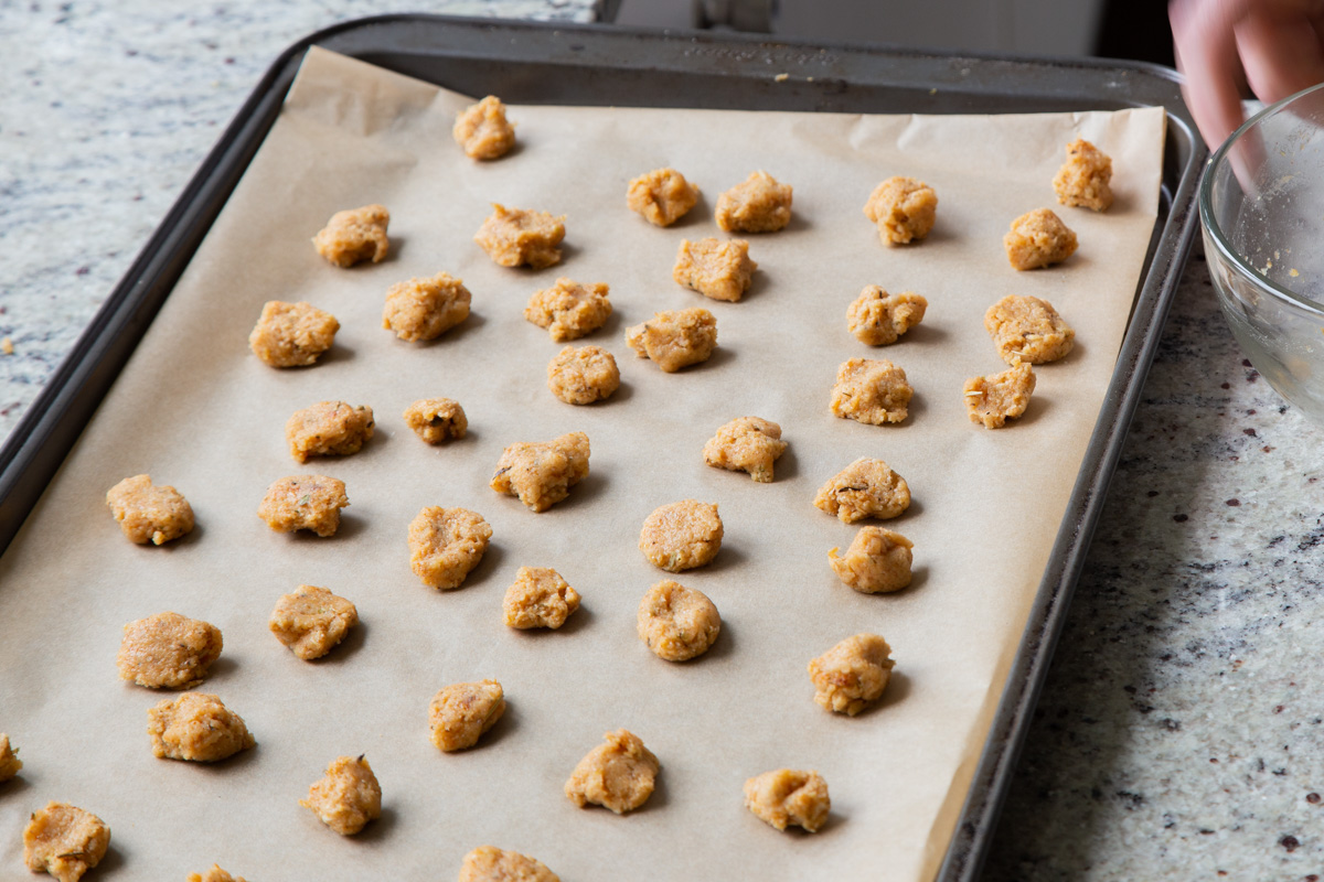 almond croutons on the baking sheet, before baking