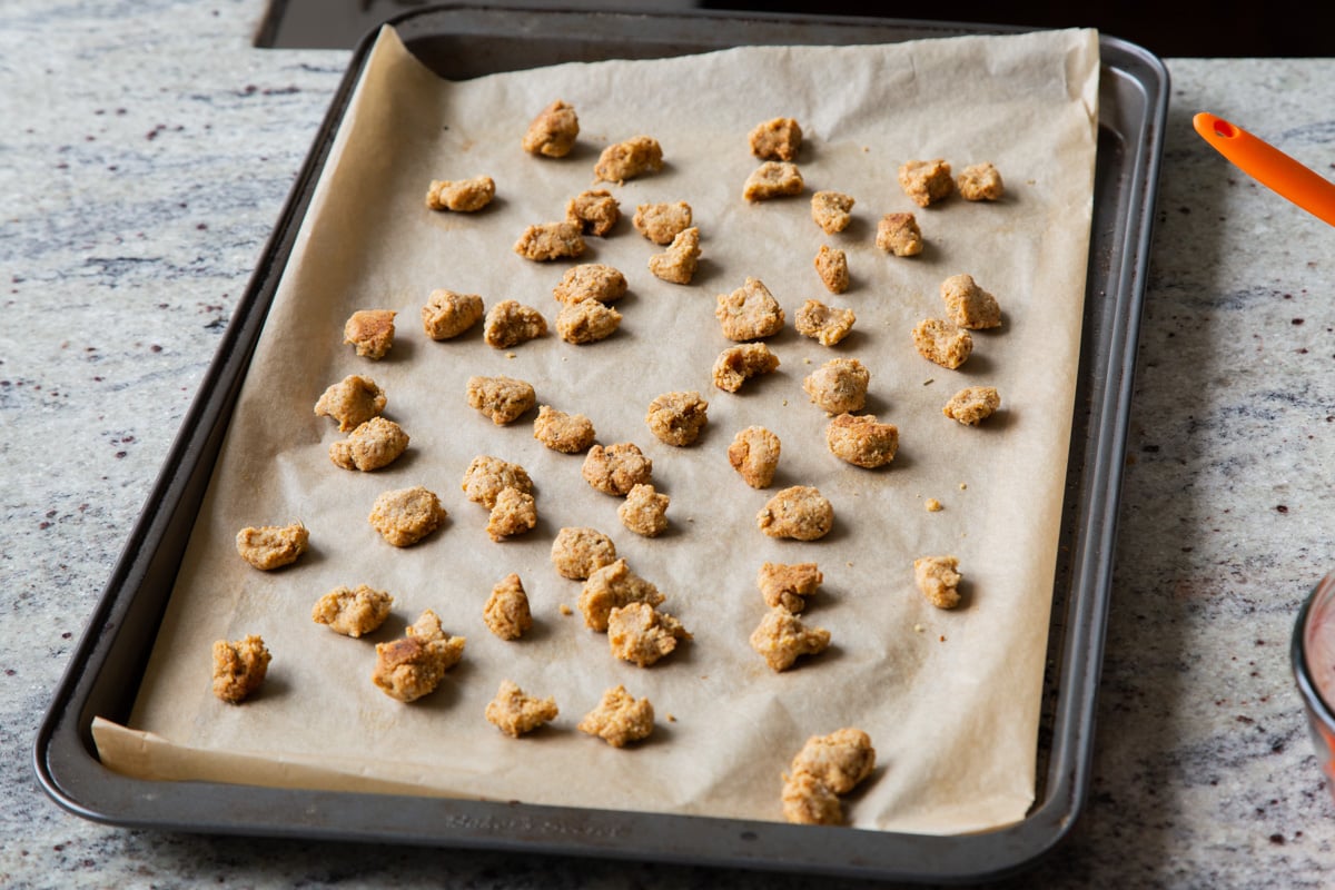 almond croutons on the baking sheet, after baking