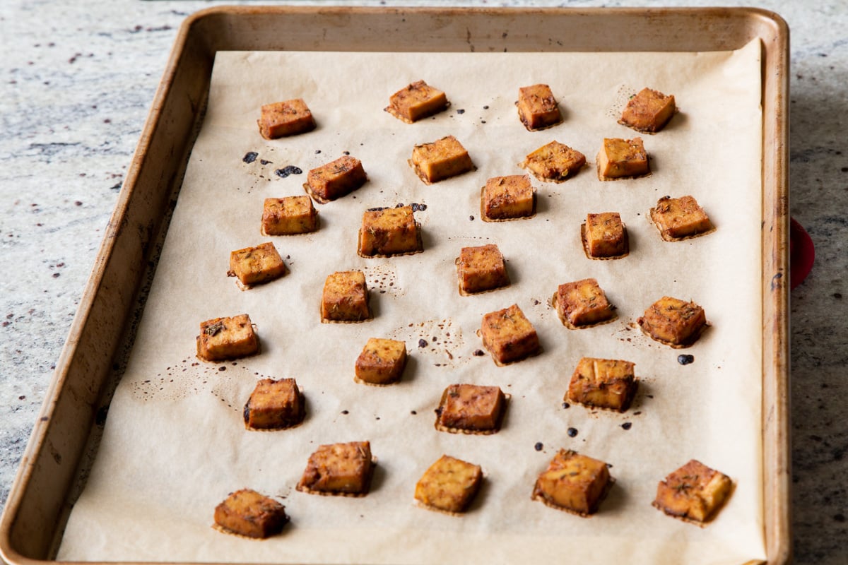 smoky tofu on the baking sheet after baking