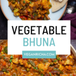 photos of vegetable bhuna on a plate and in the pan, text overlay