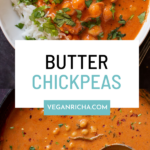 image collage of butter chickpeas in a bowl and in the skillet, text overlay