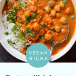 white bowl of butter chickpeas over rice with cilantro on top, text overlay