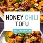 image collage of a pan and a bowl of honey chilli tofu over rice, text overlay