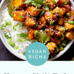 bowl of honey chilli tofu over rice, text overlay