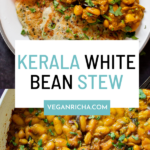 image collage of plate and pan of spicy white bean stew, text overlay