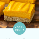 close-up of mango squares on a cutting board, text overlay