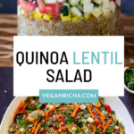 image collage of layered lentil quinoa salad and lentil quinoa salad with veggies in a bowl, text overlay