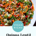 lentil quinoa salad with veggies in a bowl, text overlay