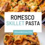image collage of a skillet and a bowl with romesco pasta, text overlay