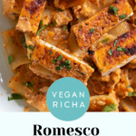 bowl of romesco sauce pasta, text overlay
