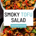 photos of a vegan summer salad in a bowl with tofu, croutons, veggies and oranges, text overlay