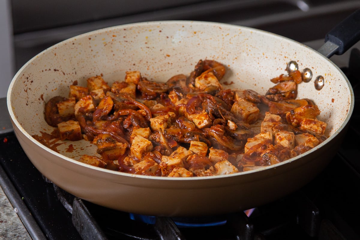 tofu mushrooms filling cooking in the frying pan