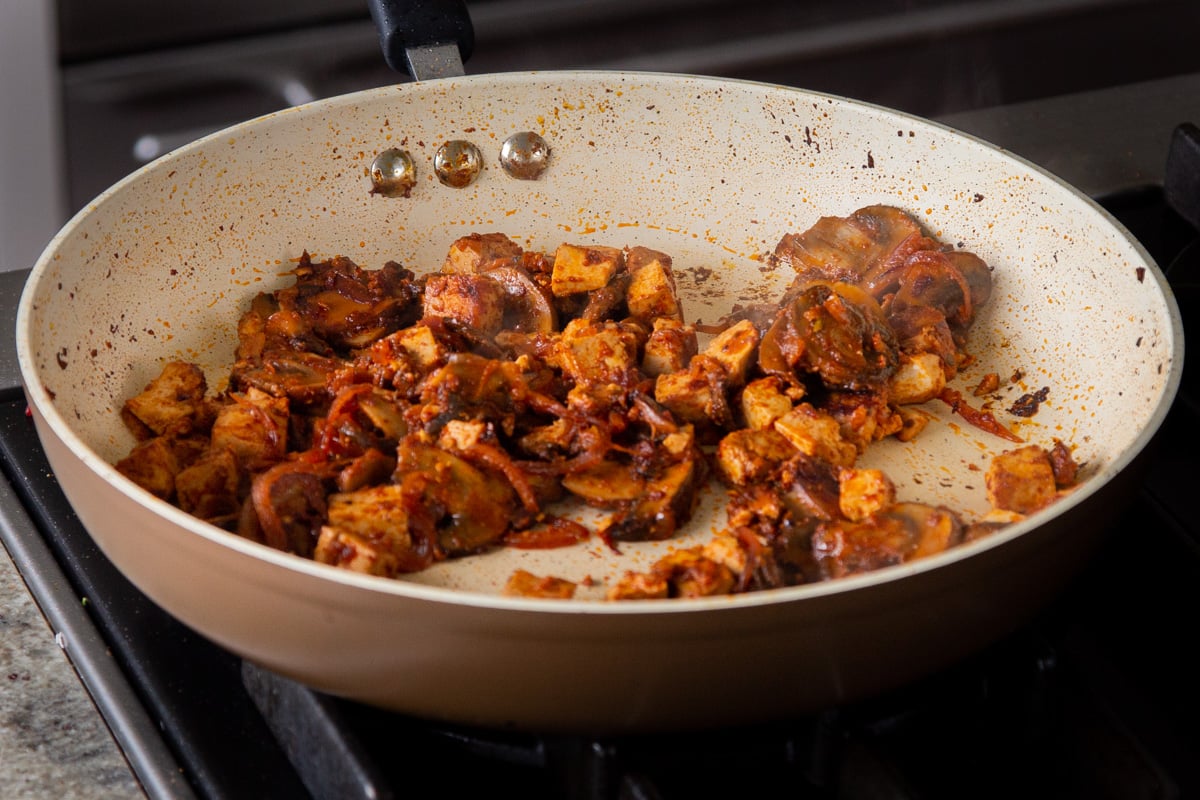 tofu mushrooms filling cooking in the frying pan