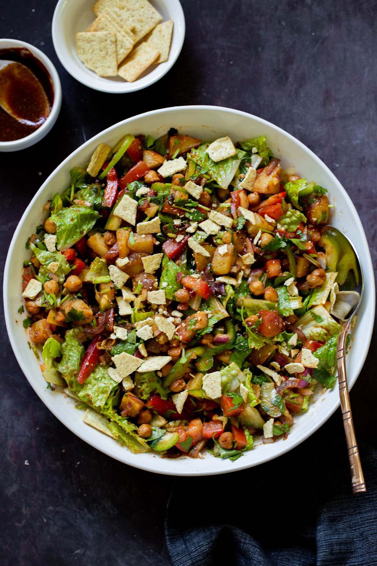 BBQ chickpea and potato salad in the serving bowl