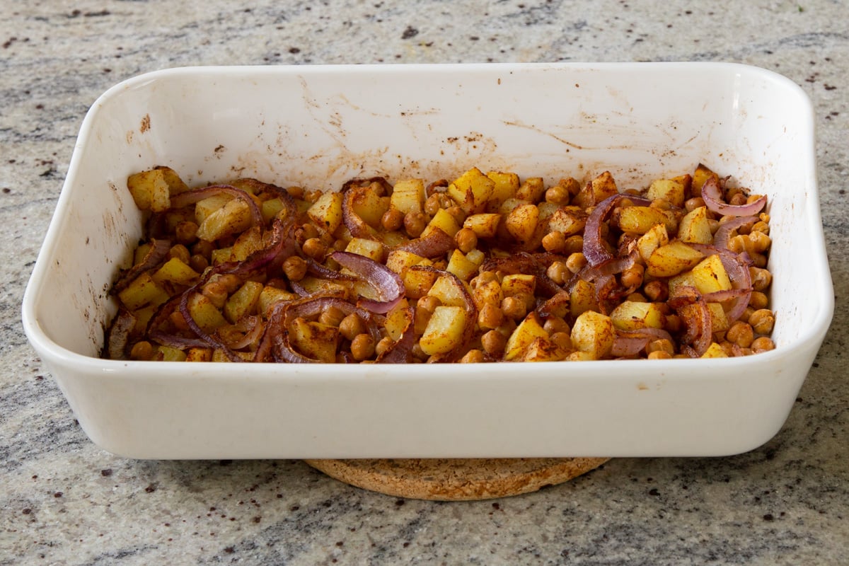 chickpeas, onions, and potatoes after roasting for 15 minutes