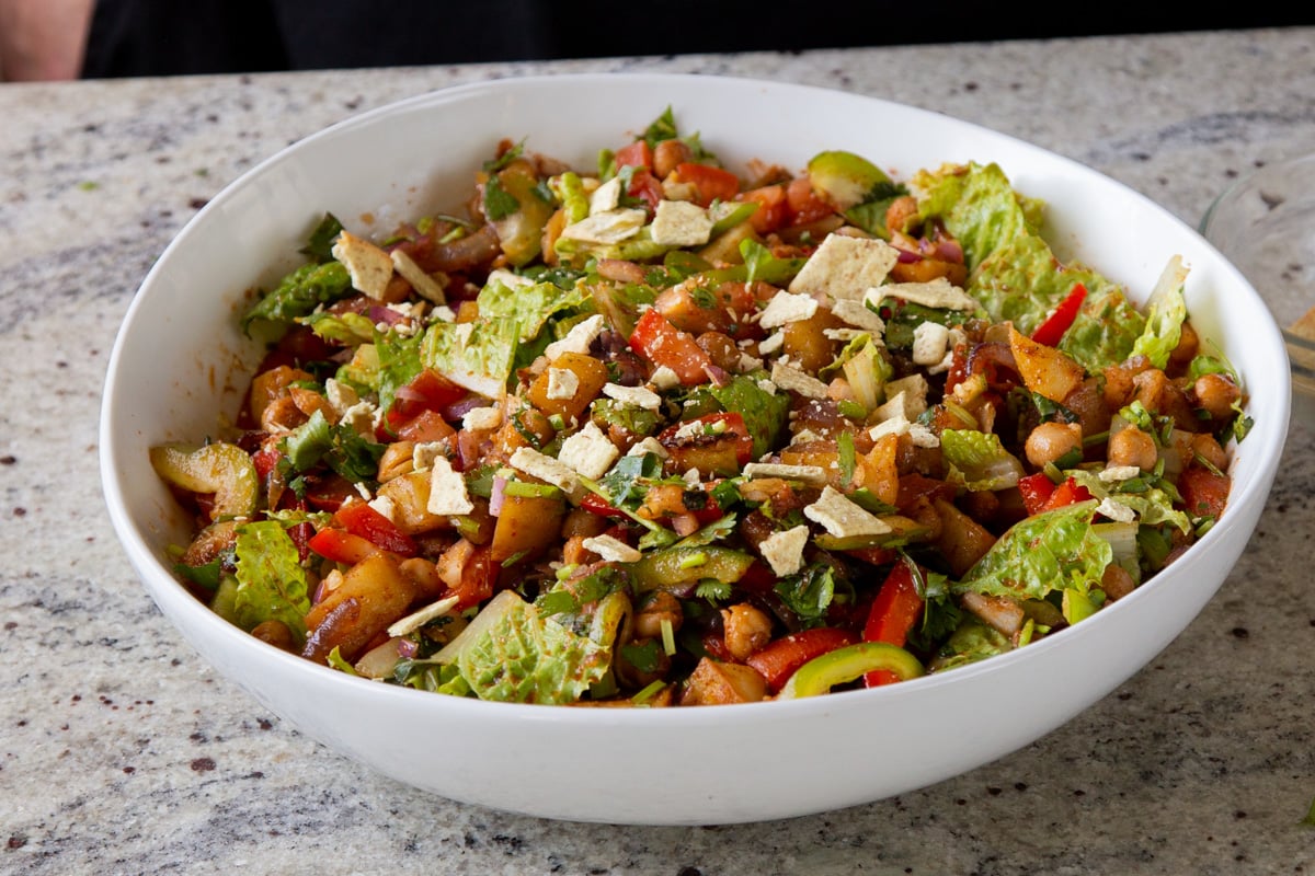 BBQ chickpea and potato salad in the serving bowl