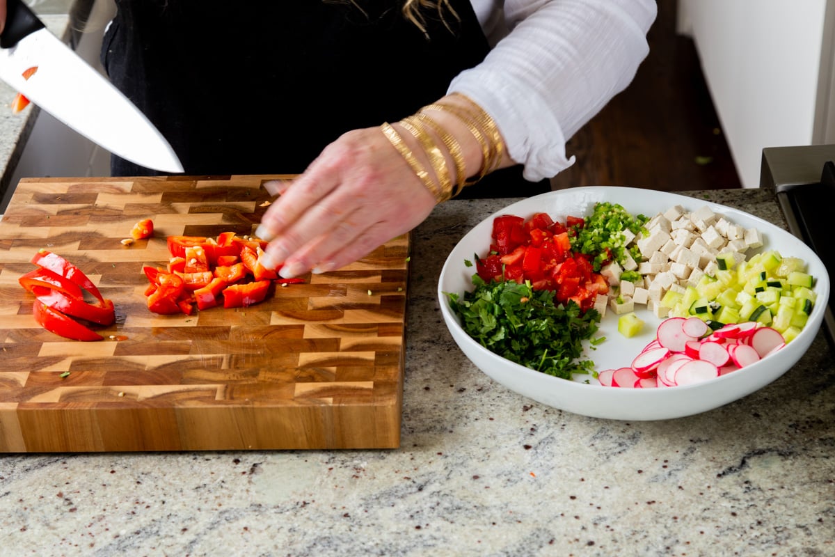 chopping the bell pepper