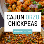 image collage showing cajun orzo chickpeas in the bowl and in the pan, text overlay
