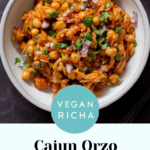 bowl of cajun orzo chickpeas, text overlay