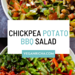 image collage of BBQ chickpea and potato salad in the serving bowl before and after mixing, text overlay
