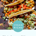 overhead photo of chickpea tacos with different fillings and toppings on the kitchen counter, text overlay