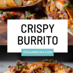 photos of the crispy tofu burrito, text overlay