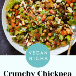 BBQ chickpea and potato salad in the serving bowl, text overlay