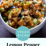 bowl of lemon pepper tofu topped with sesame seeds and green onions, text overlay