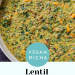 pan of lentil coconut curry, text overlay