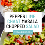 image collage showing chaat masala salad ingredients in the bowl before and after mixing, text overlay