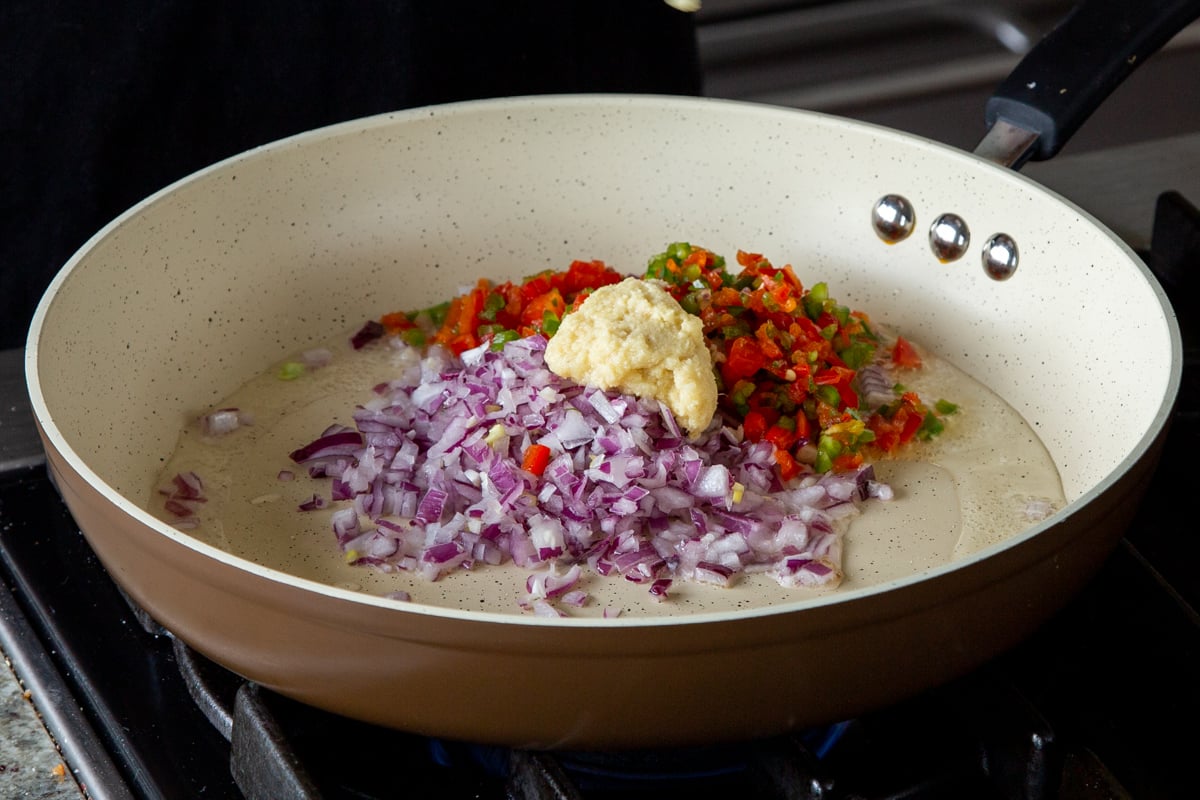 aromatics in the pan, before cooking