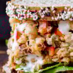 close-up of the cajun chickpea salad sandwich, so you can really see the creamy texture