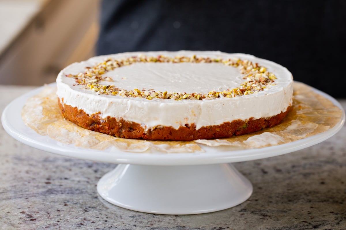 carrot cake cheesecake on a serving plate