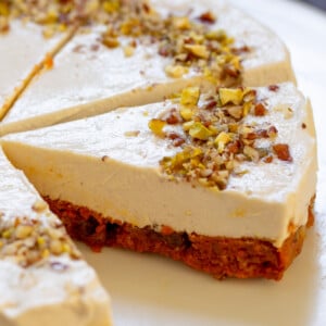 close-up of carrot cake cheesecake cut into slices