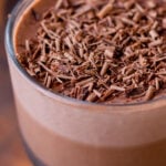 close-up of vegan chocolate pudding with chocolate shavings on top