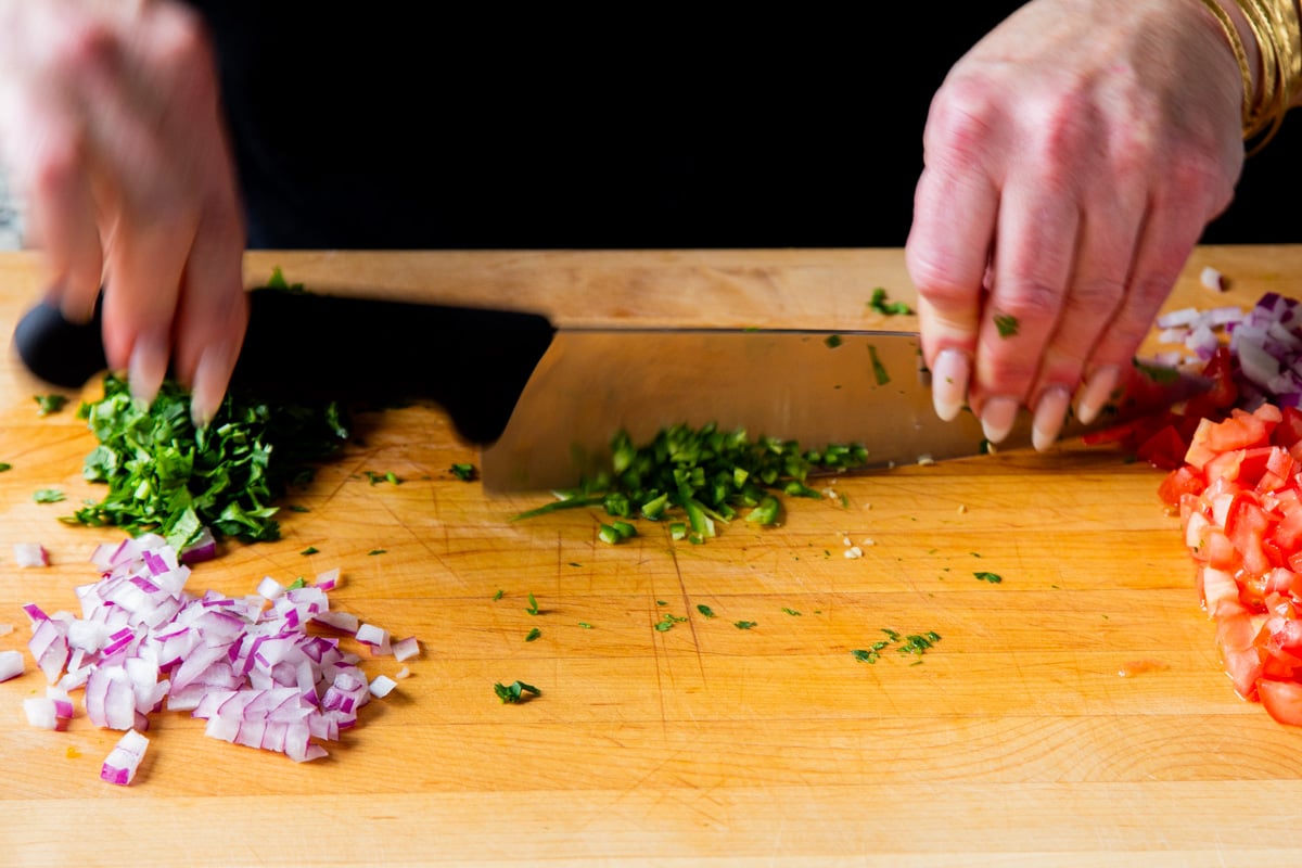 prepping the veggies for the guacamole