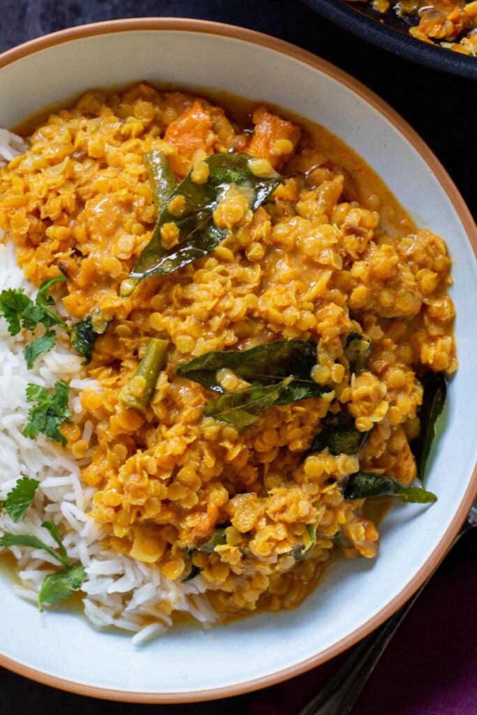 close-up of a bowl of vegan dalcha