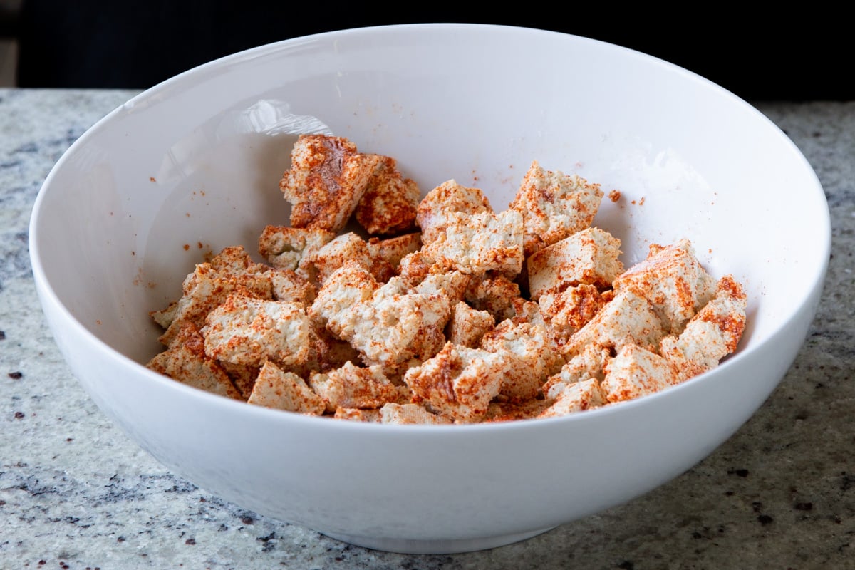 tofu after tossing with the cornstarch and spices