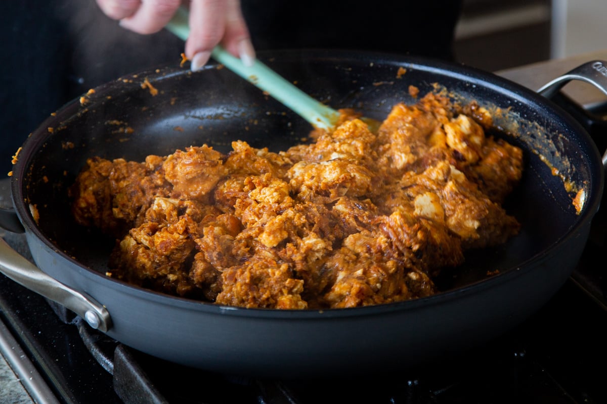 Hyderabadi chicken curry after mixing in the yogurt and sambal oelek