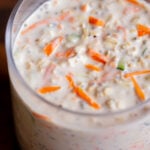 close-up of savory yogurt overnight oats in a jar