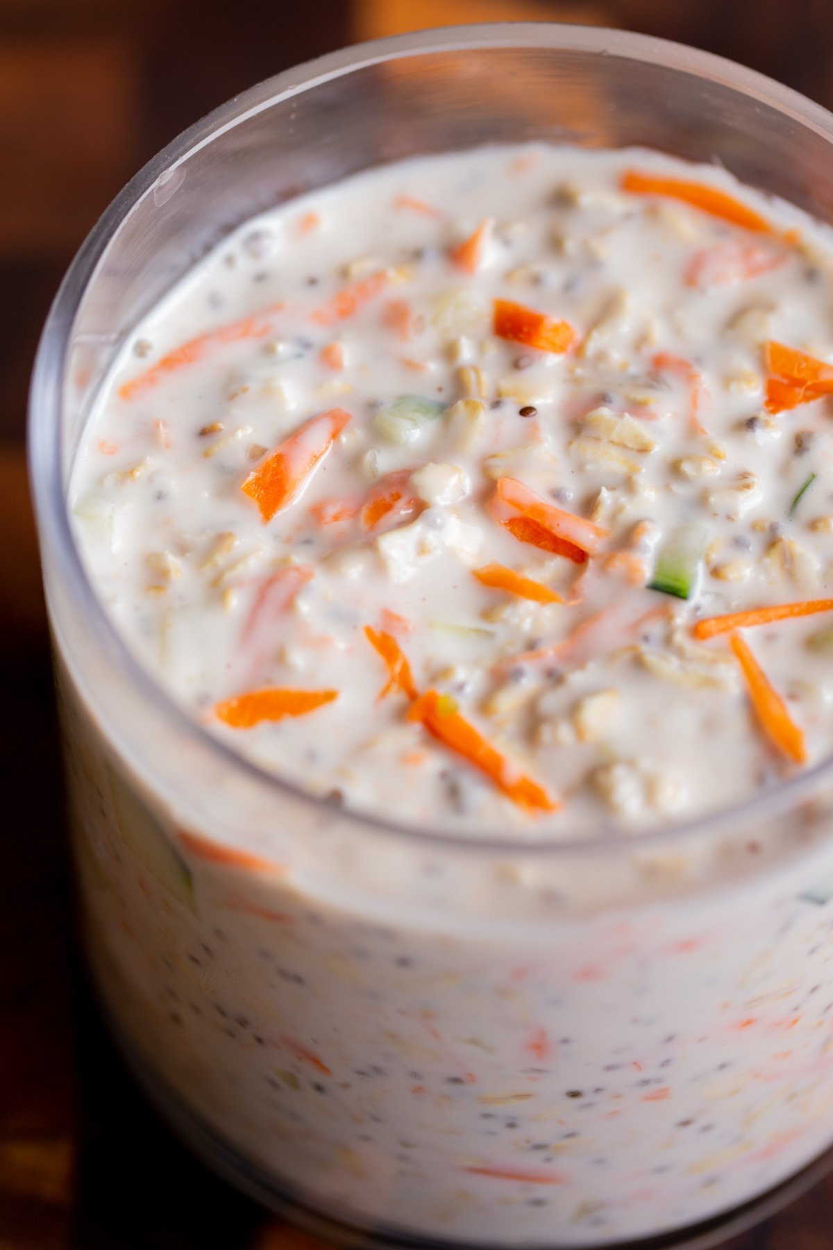 close-up of savory yogurt overnight oats in a jar