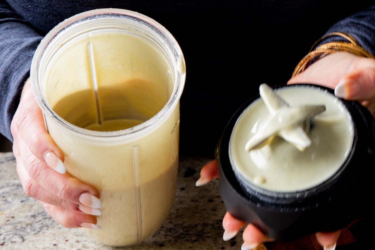 vegan lemon pudding in the blender, after blending