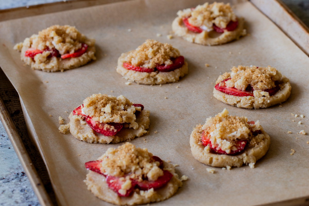 strawberry cheesecake cookies on the baking sheet, after baking