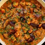 tofu eggplant curry in th pan with cilantro