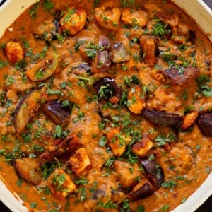 tofu eggplant curry in th pan with cilantro